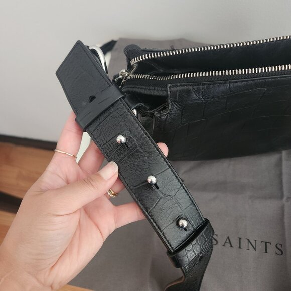 All Saints | Polly Round Medium Leather Crossbody in Black Mock Croc, One Size - Picture 9 of 11
